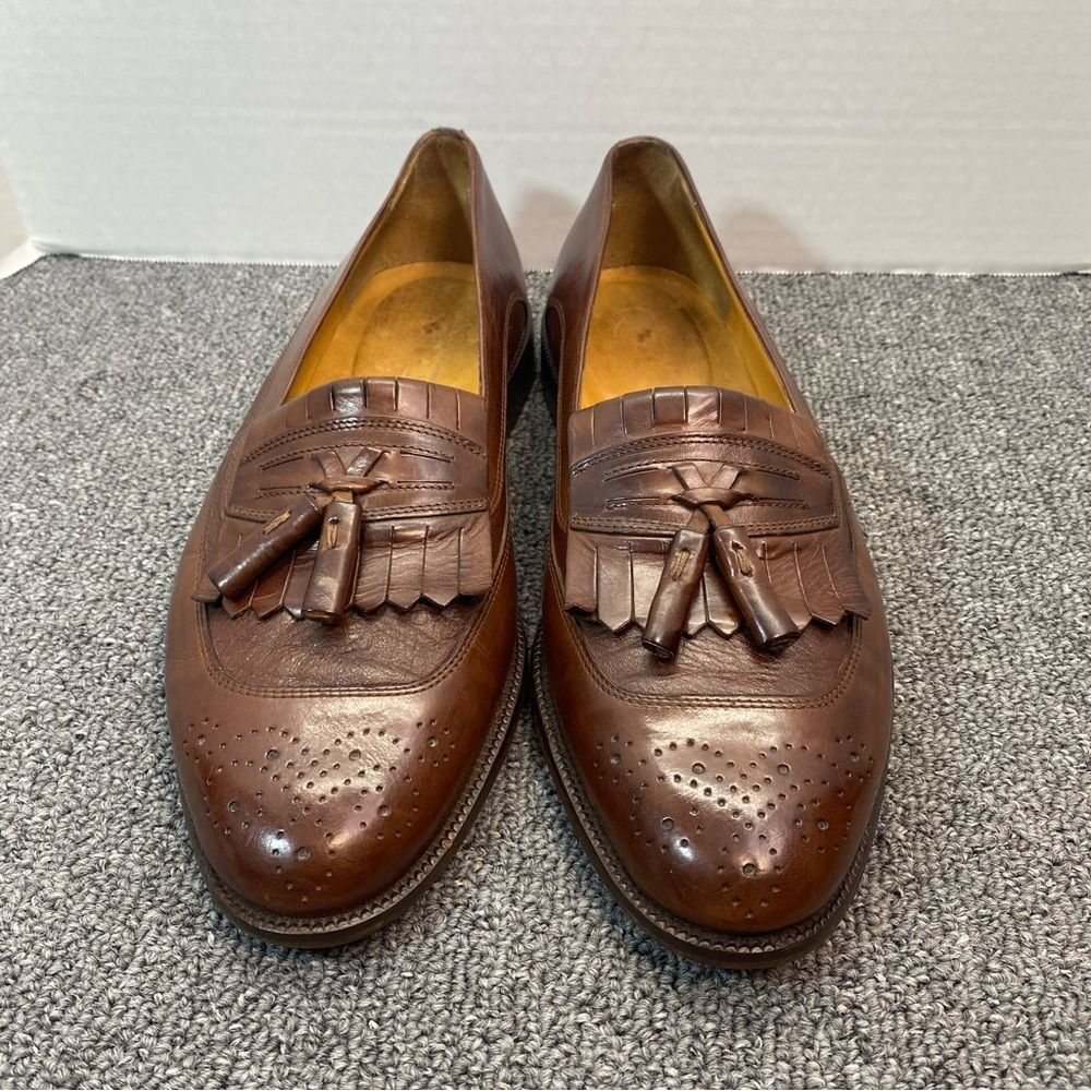VTG Johnston & Murphy Italian Leather Loafers Men 11 Brown Tassel Kiltie Brogue